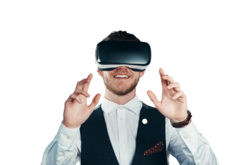 Business man, glasses and virtual reality for digital vision, software and user experience in 3d metaverse. Professional person in VR, high tech and electronics isolated on transparent png background