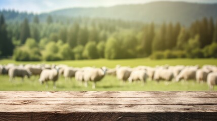 The empty wooden brown table top with blur background of sheep pasture. Exuberant image. generative AI