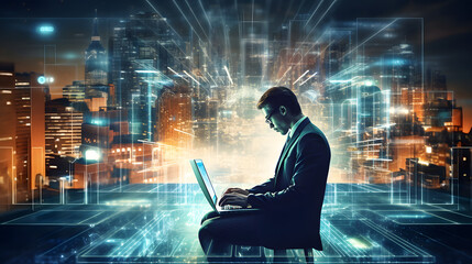 Artificial Intelligence AI, Big data, Internet of Things IoT. Business man using digital tablet with coding on laptop computer, technology background, deep learning, industrial technol. generative ai. - obrazy, fototapety, plakaty