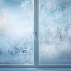 Beautiful winter image of a window in icy snowflakes in white, snowy and icy colors with empty space in the style of minimalism and aesthetics (Ai generation)