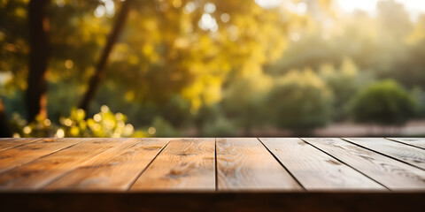 wooden decking with blurred jungle in background, product display mockup - obrazy, fototapety, plakaty