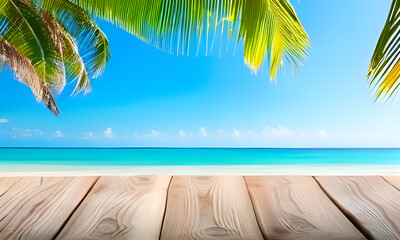 beach with palm trees and sea,wooden