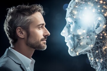 A Curious Man in a Suit Examining and cyber man