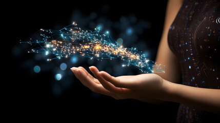 Big Data concept. Digital neural network.Business woman hand touching Introduction of artificial intelligence. Cyberspace of future.Science and innovation of technology. generative ai.