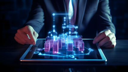 Blockchain technology concept with chain diagram and encrypted blocks interface. Businessman working on digital tablet, virtual screen. generative ai.