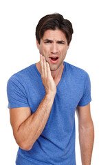 Man, portrait and hand as toothache pain or gum disease inflammation, dental problem or...