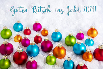 Text Guten Rutsch 2024, Means Happy 2024, On Snow With Christmas Balls