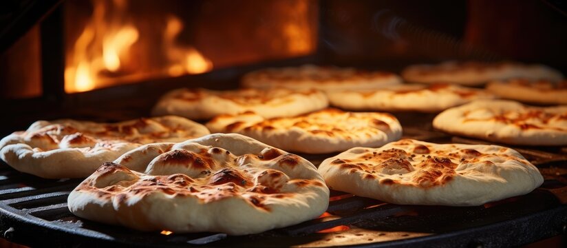 Fresh round pita is made from dough shaped and baked in a factory.