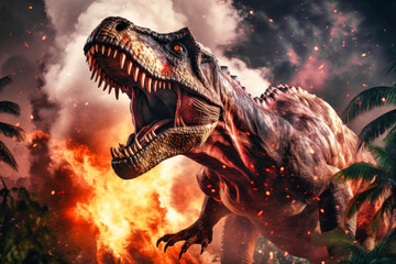 Tyrannosaurus T-rex ,dinosaur on smoke and fire background. Global catastrophe. A dinosaur escapes from the flames.