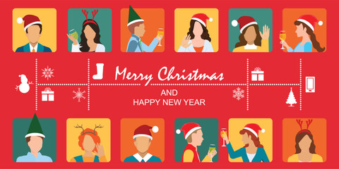 Group of people celebrating christmas together on video conference.