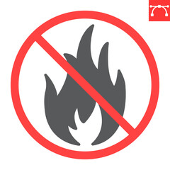 No fire glyph icon, prohibition and forbidden, no open flame sign, vector graphics, editable stroke solid sign, eps 10.