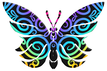 The symmetrical butterfly vector design with dynamic gradient batik dayak flower line art in a luxurious pattern colour