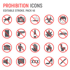 Prohibition glyph icon set, warning collection, vector graphics, logo illustrations, prohibited vector icons, prohibition signs, solid pictograms, editable stroke