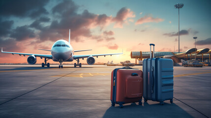 Travel concept. Airport with luggage suitcases and airplane