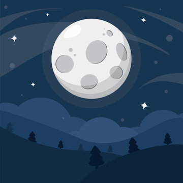 Vector cartoon of moon and stars landscape, night sky