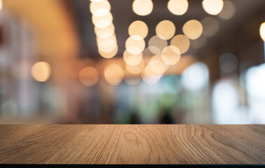 Mock up for space. Empty dark wooden table in front of abstract blurred bokeh background of restaurant . can be used for display or montage your product