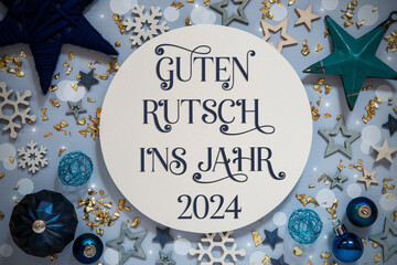 Text Guten Rutsch 2024, Means Happy 2024, Blue Flatlay, Christmas, Winter Decor
