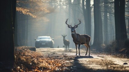 Deer on Forest Road at Sunrise