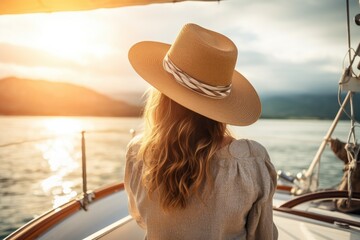 Back view of woman in hat and white dress sitting on the boat and looking at the sea, A beautiful...