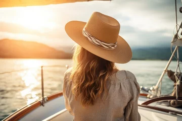 Fotobehang Back view of woman in hat and white dress sitting on the boat and looking at the sea, A beautiful tourist woman, seen from the rear, with a sun hat, sits on a yacht and looks at the sea, AI Generated © Ifti Digital
