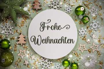 Text Frohes Neues Jahr, Means Happy New Year, Green Christmas Decor, Snow