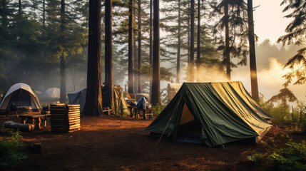 Misty Forest Camping Scene at Sunrise