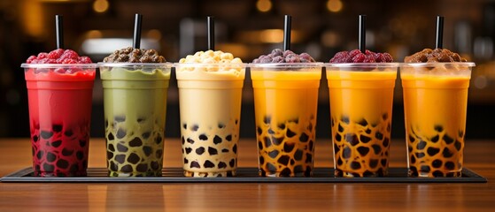 A row of brand-new bubble tea glasses with boba on a wooden backdrop..