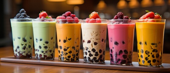 A row of brand-new bubble tea glasses with boba on a wooden backdrop..