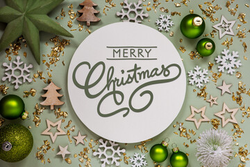 Text Merry Christmas, Green Christmas Decor, Flatlay