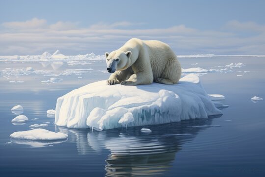 Polar bear on the pack ice, north of Svalbard Arctic Norway, A polar bear stranded on a shrinking ice cap, AI Generated