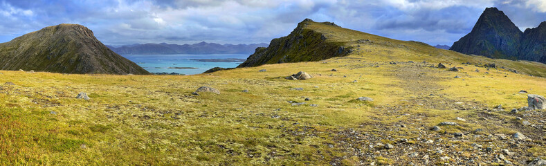beautiful panorama with grassy plateau in mountains and viewon thesea in lofoten island in Norway