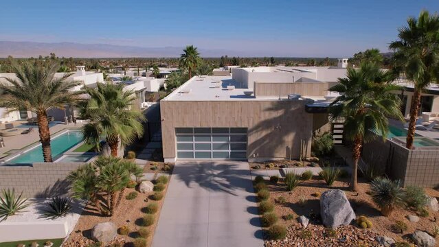 Aerial view of generic mid century style homes in a Palm Springs community