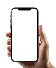 cell phone mockup held in hand, blank screen isolated on transparent background, generative ai