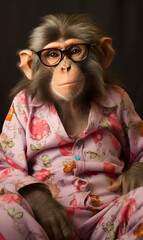 portrait of monkey dressed in pyjamas. funny fashion portrait of an anthropomorphic animal, posing with a charismatic human attitude