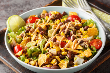 Beef Taco Salad made with beans, corn, nacho chips, lettuce, tomato, onion, cheese and avocado closeup on the plate on the table. Horizontal