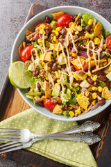 Homemade taco salad with nacho chips, beef, vegetable salsa, cheese dressed with spicy cream close-up on a plate on the table. Vertical top view from above