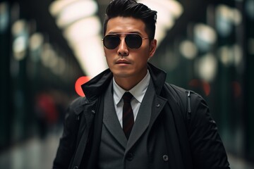 Stylish man in suit and sunglasses posing in an urban setting.