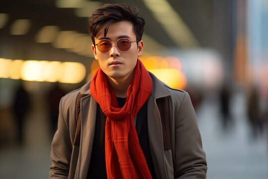 Stylish young man in sunglasses and a red scarf outdoors with blurred city background.