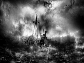 The ghost dark ship. Digital illustration art. Not AI !