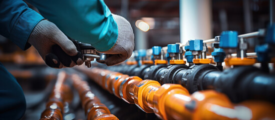 Worker Adjusting Valves in Industrial Plumbing System