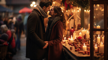 Fototapeta premium Couple Embracing at Christmas Market. Christmas Market Magic. Young Love Under the Twinkling Lights