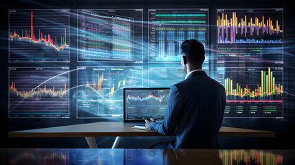 Businessman analyzing company financial balance sheet working with digital virtual graphics Businessman calculating financial data for long term investment growth. generative ai.