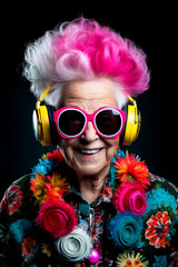 Cool grandma. Elderly woman listens to music on headphones