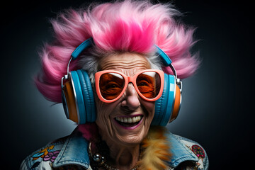 Cool grandma. Elderly woman listens to music on headphones