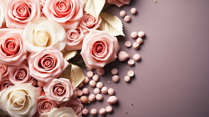 Valentine's day background with beautiful pink roses and hearts. Space for text