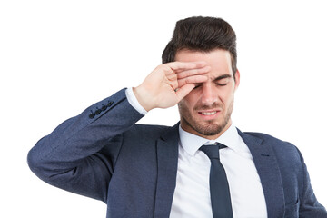 Businessman, headache or mistake in debt, heat or bankruptcy isolated on a transparent PNG background. Frustrated man, employee or model with migraine, stroke or financial crisis in burnout or stress