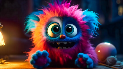 Fototapeta premium Cute and cuddly monster. Furry friend with big, friendly eyes and a cheerful grin. Generative AI