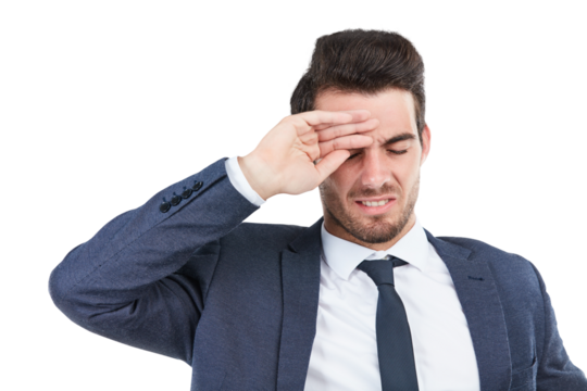 Businessman, headache or mistake in debt, heat or bankruptcy isolated on a transparent PNG background. Frustrated man, employee or model with migraine, stroke or financial crisis in burnout or stress
