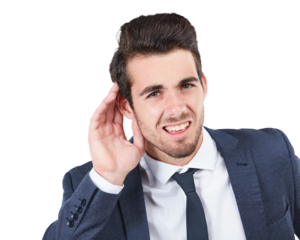 Portrait, listening and cupping ear with a businessman isolated on a transparent background for gossip. Corporate, smile and hearing with a young employee on PNG for mystery or eavesdropping