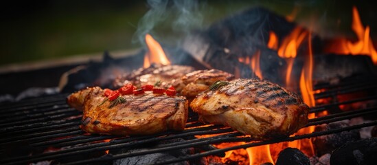 Grilled chicken fillet cooked on a charcoal barbecue while camping.